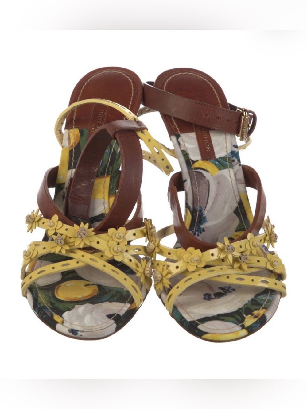 Louis Vuitton Yellow Floral Leather Sandals with Brown Straps